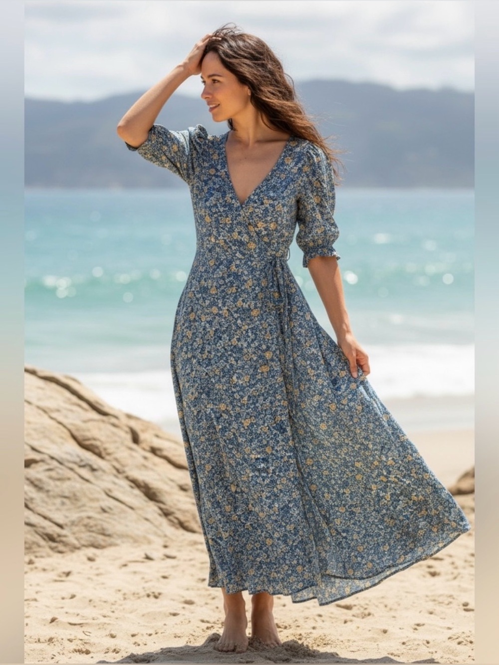 NATURAL LIFE Sophia Maxi Dress Floral Puff Sleeves Wrap Cottagecore Boho Size L